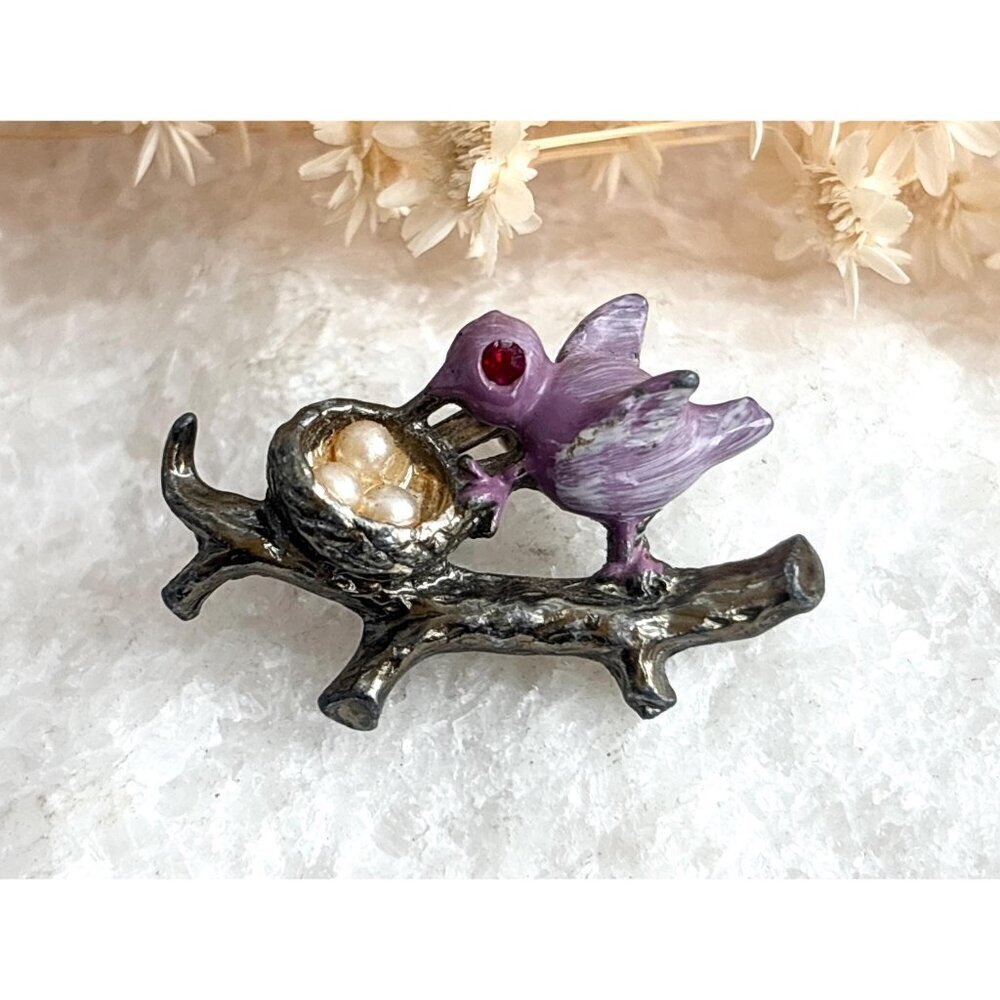 Lavender Perched Bird Figural on Branch with Eggs Costume Jewelry Brooch